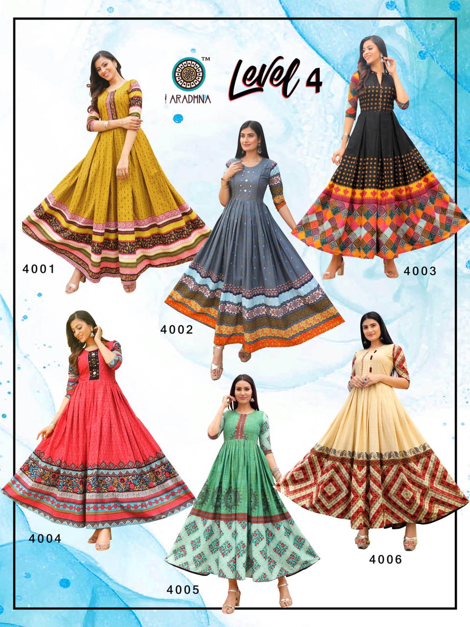 Aradhana Level 4 Latest Fancy  Printed Style Long Casual Wear Anarakali  Flair Pure Cotton Designer Kurti  Collection 

